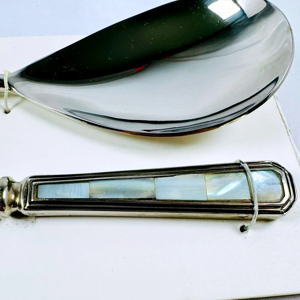 Mother of Pearl Inlay Silver Plated Serving Spoons 2pc Unused Coastal Chic READ
